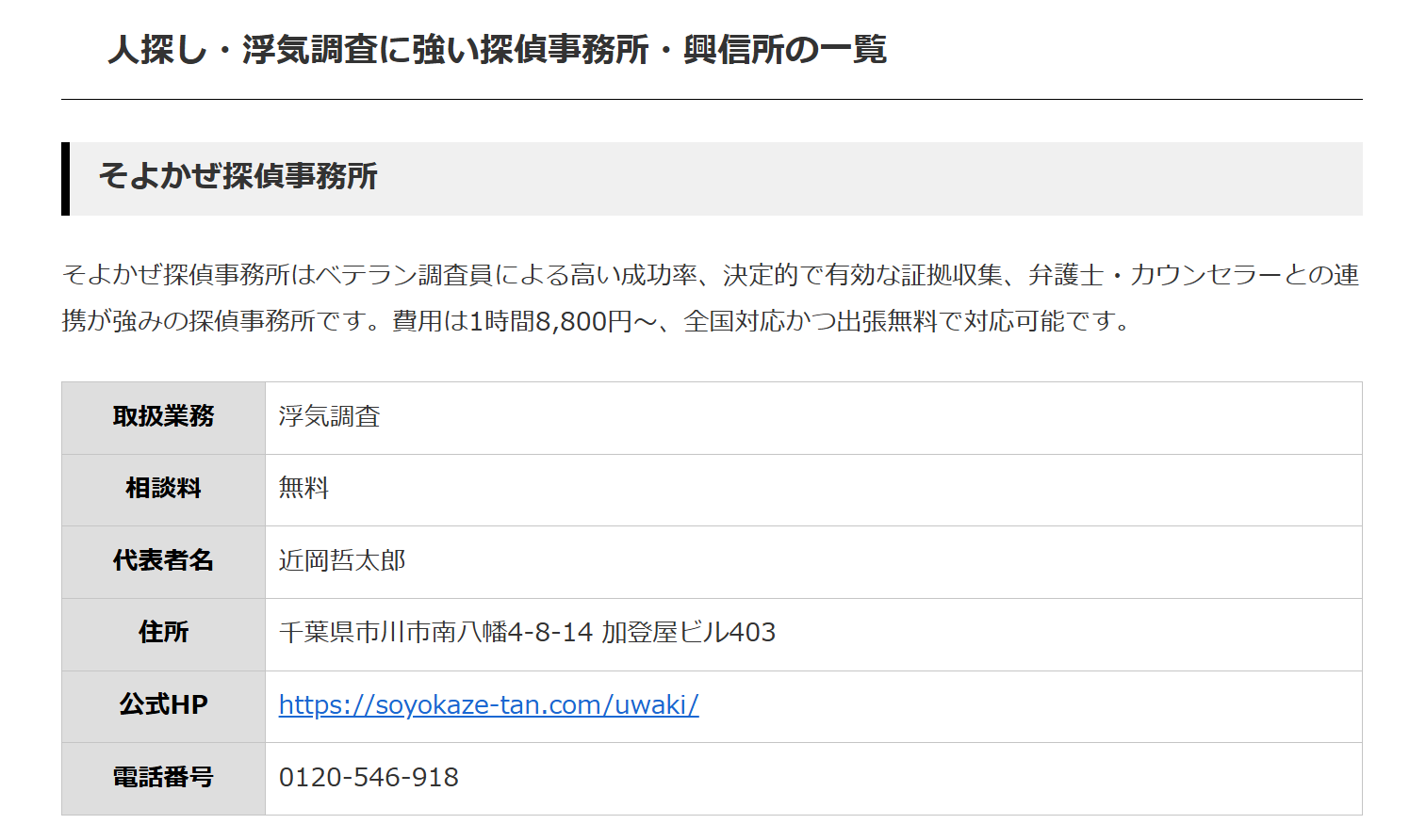 スクリーンショット 2026-10-14 144438 – 浮気・不倫専門の探偵社「そよかぜ探偵事務所」 探偵事務所一覧ページ。そよかぜ探偵事務所の情報を表で掲載。業務は浮気調査、相談料無料。代表者は近岡哲太郎。住所・公式HP・電話番号を表示。