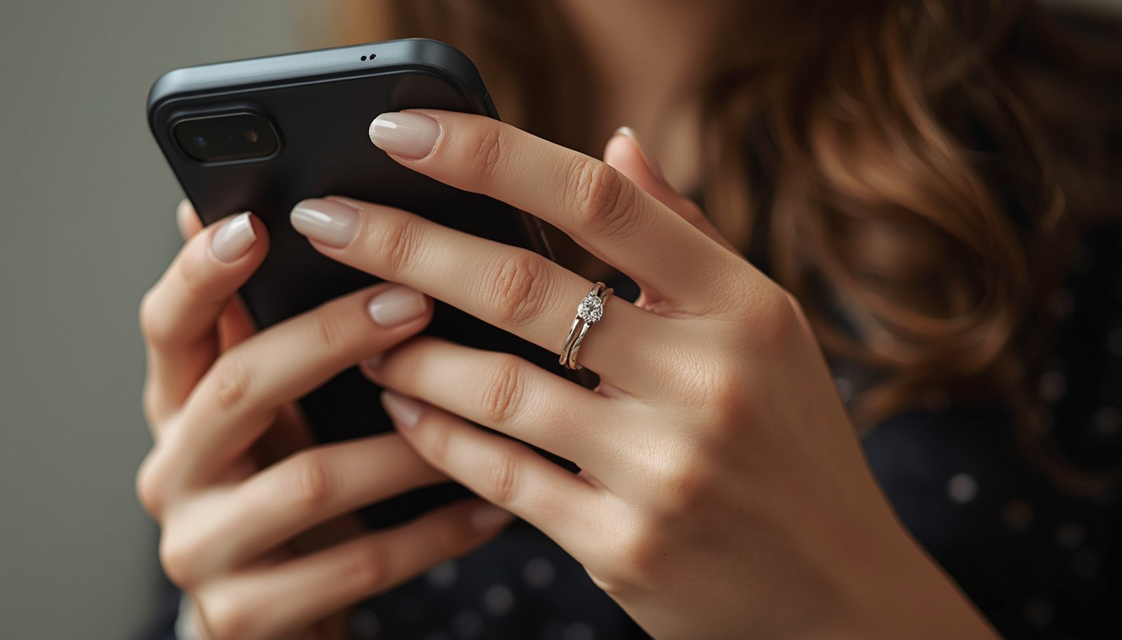女性の手元のクローズアップ、スマートフォンを持っている、薬指に指輪、顔なし、realistic, natural lighting, detailed hands, elegant ring (1)