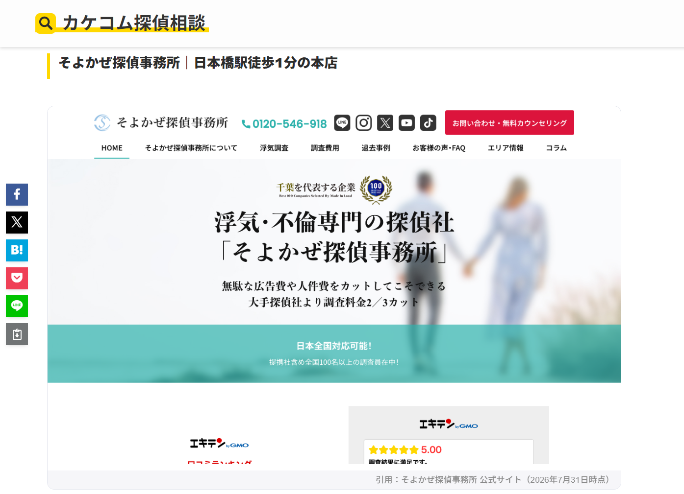 Homepage of そよかぜ探偵事務所 with logo, navigation bar, contact number, and a blurred hero banner advertising discreet investigative services.