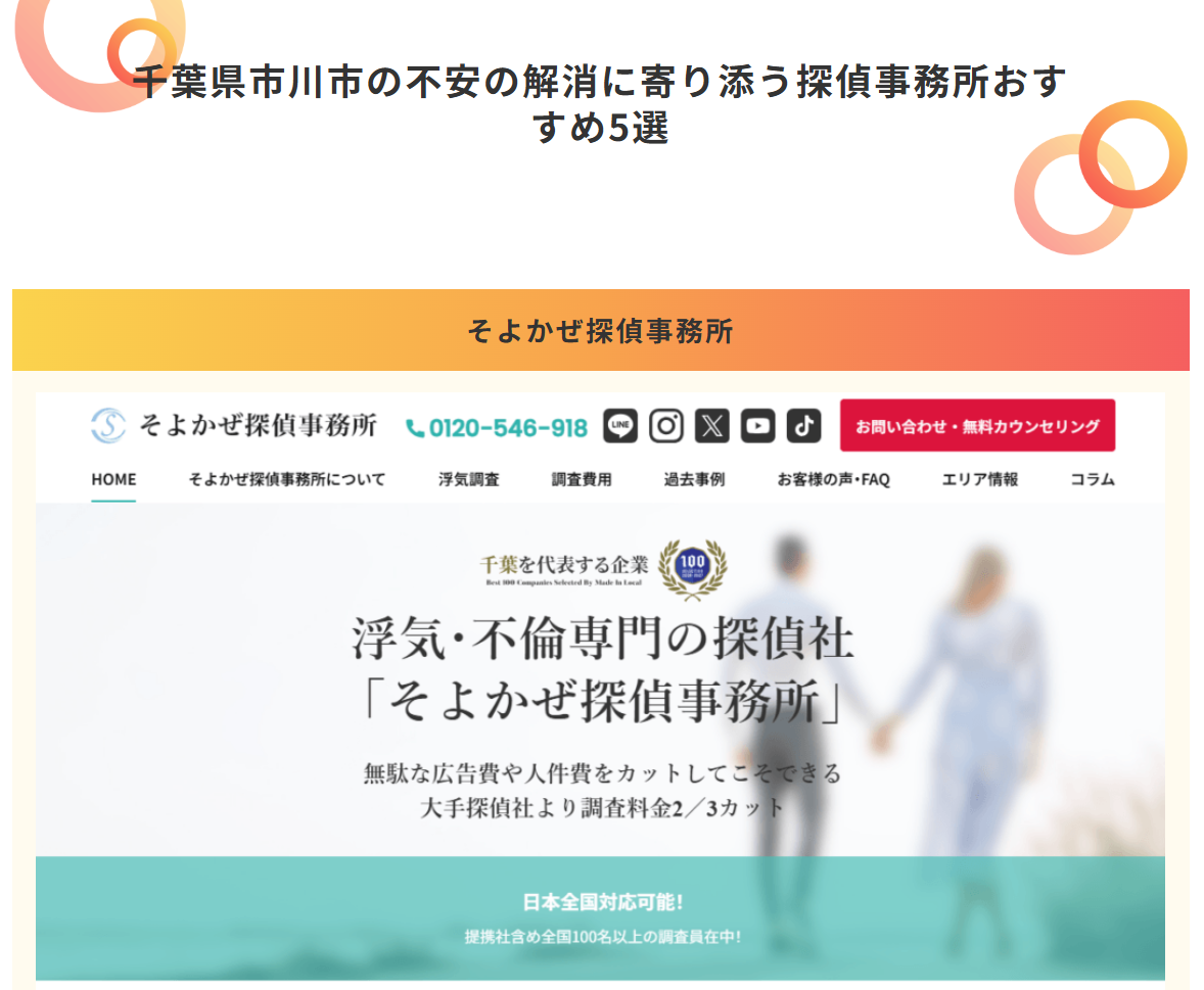 Banner announcing'5 recommended detective offices to ease worry in Ichikawa, Chiba' with gradient orange header and overlapping circle logos at corners.