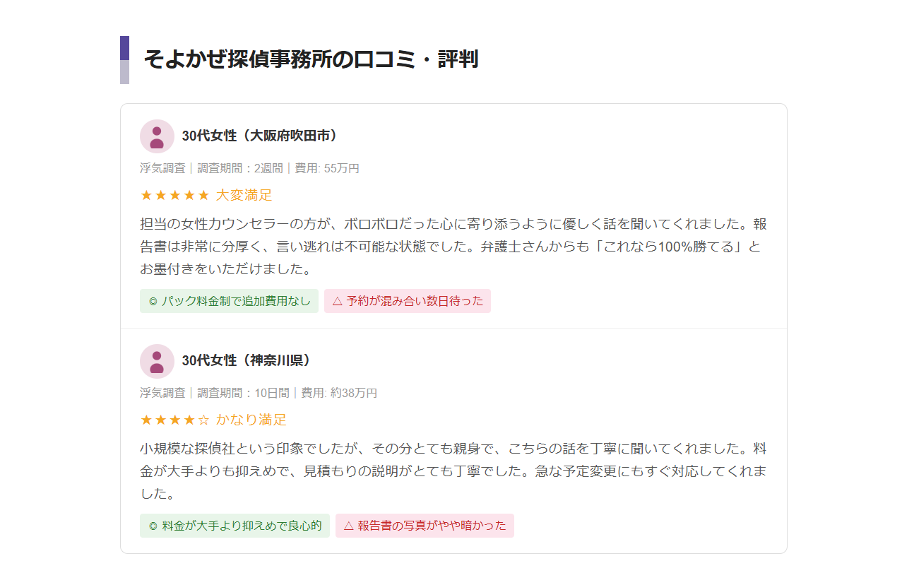 サイトの口コミページ見出しと二つのレビュー。ユーザーアイコン付き、星評価と長文コメント、緑とピンクのタグ付き