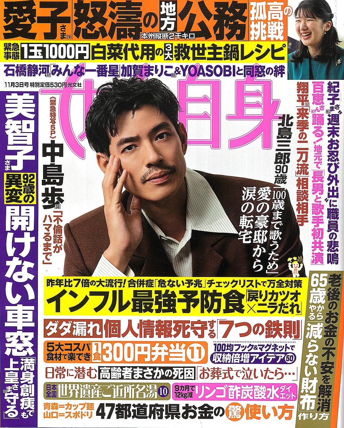 白い背景に黒髪の男性を中心とした雑誌表紙。周囲は黄色・ピンクの大見出しがびっしり並ぶ日本の週刊誌風のデザイン。